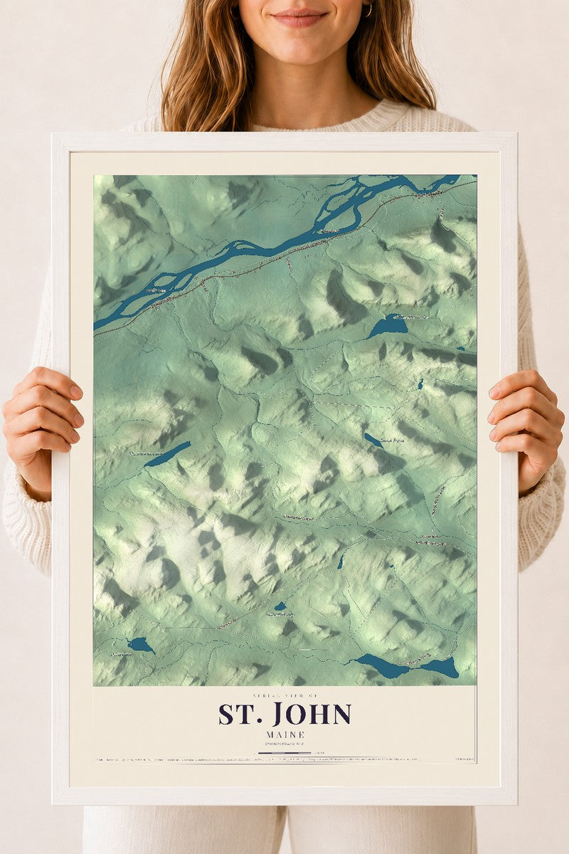 St. John, Maine map print - 18 x 24 white Ayous wood frame