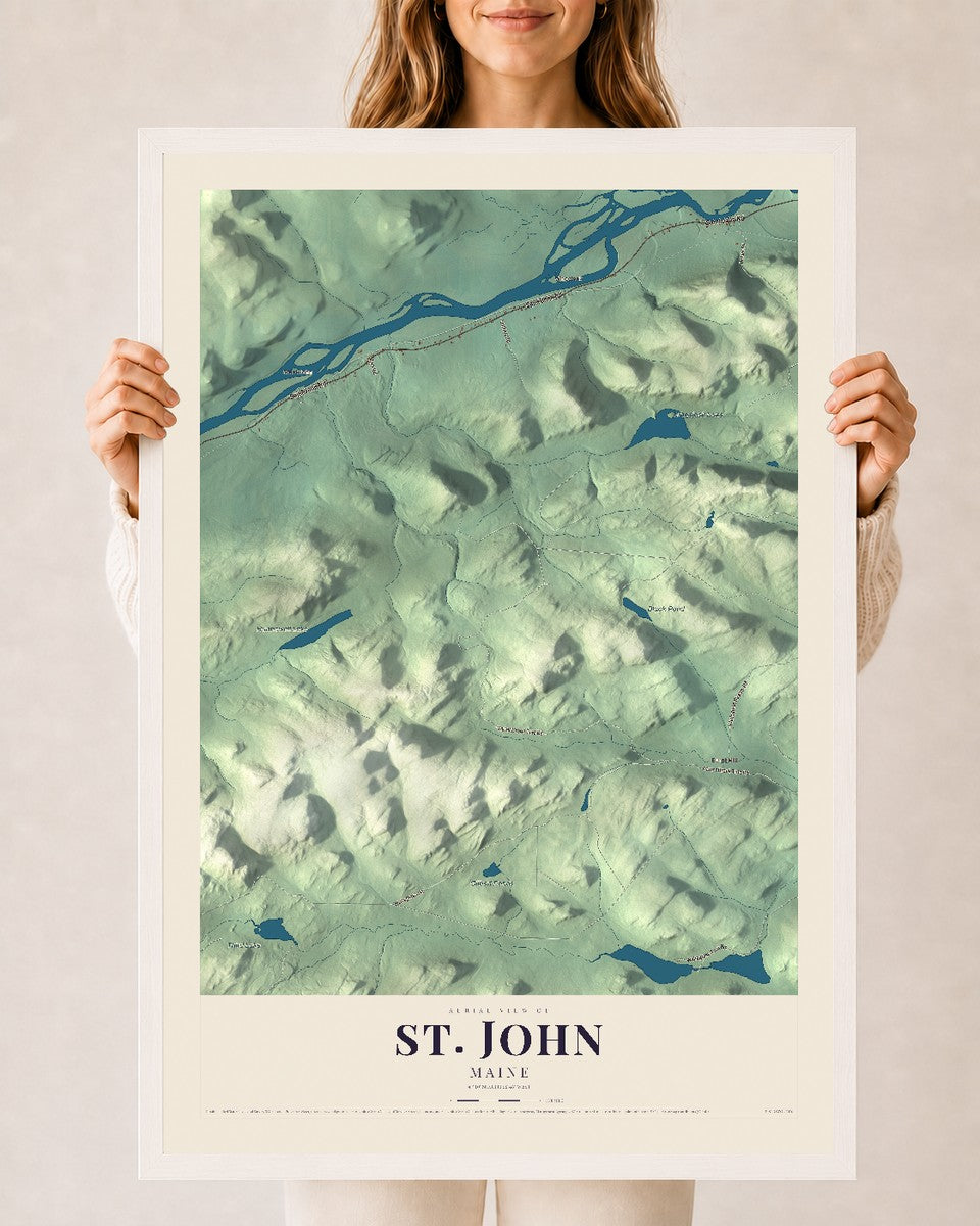 St. John, Maine map print - 24 x 36 white Ayous wood frame