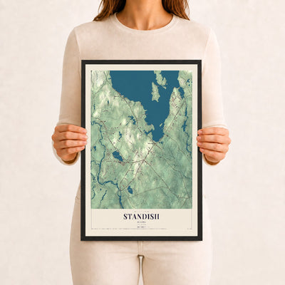 Standish, Maine map print - 12 x 18 black Ayous wood frame