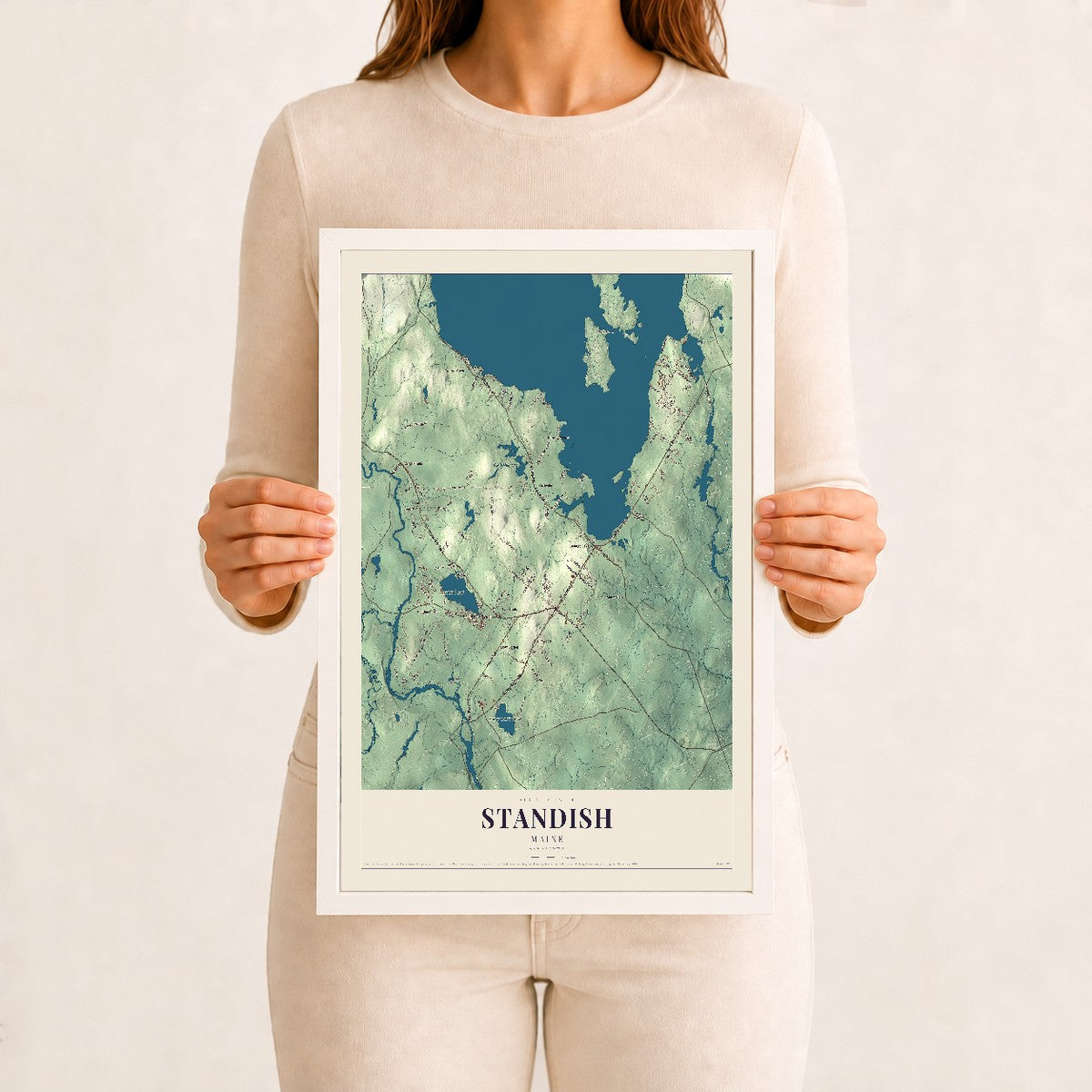 Standish, Maine map print - 12 x 18 white Ayous wood frame