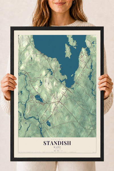 Standish, Maine map print - 18 x 24 black Ayous wood frame