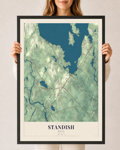 Standish, Maine map print - 24 x 36 black Ayous wood frame