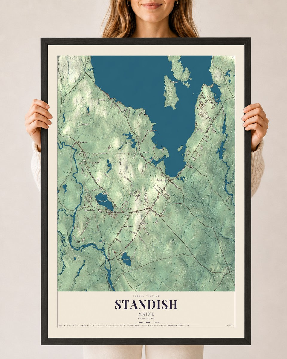 Standish, Maine map print - 24 x 36 black Ayous wood frame