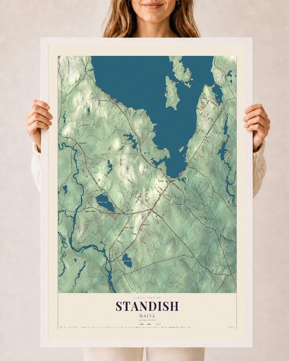 Standish, Maine map print - 24 x 36 white Ayous wood frame