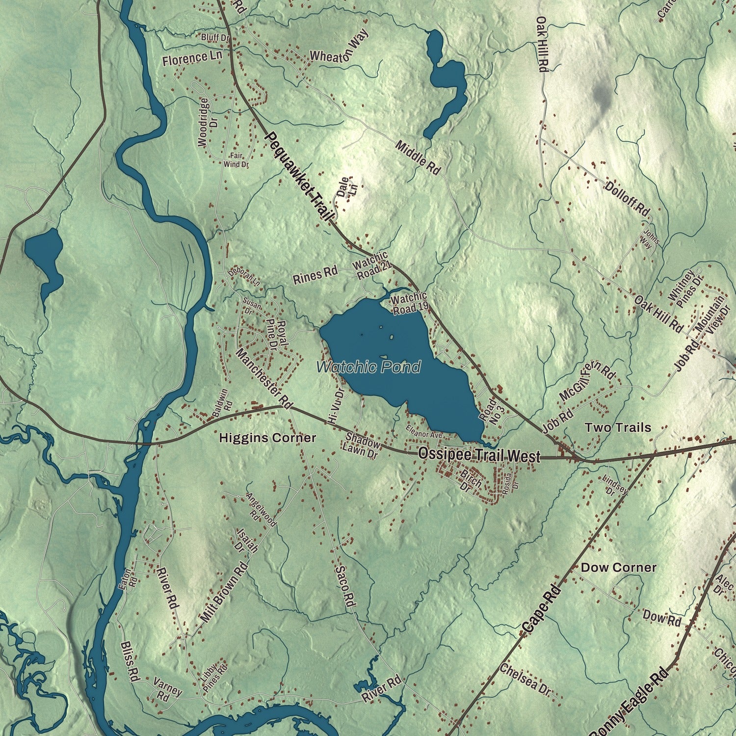 Terrain and local geography detail from the Standish, Maine map