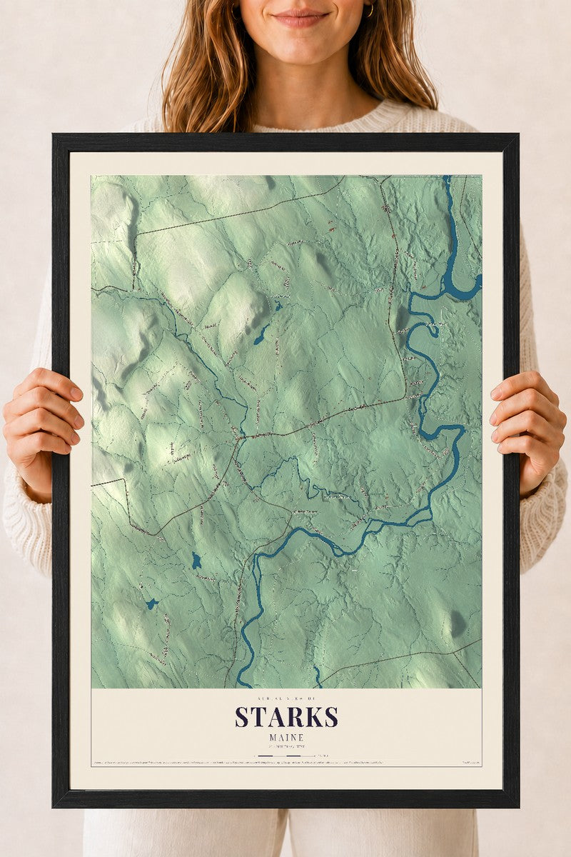 Starks, Maine map print - 18 x 24 black Ayous wood frame