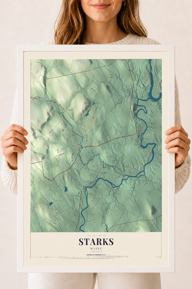 Starks, Maine map print - 18 x 24 white Ayous wood frame