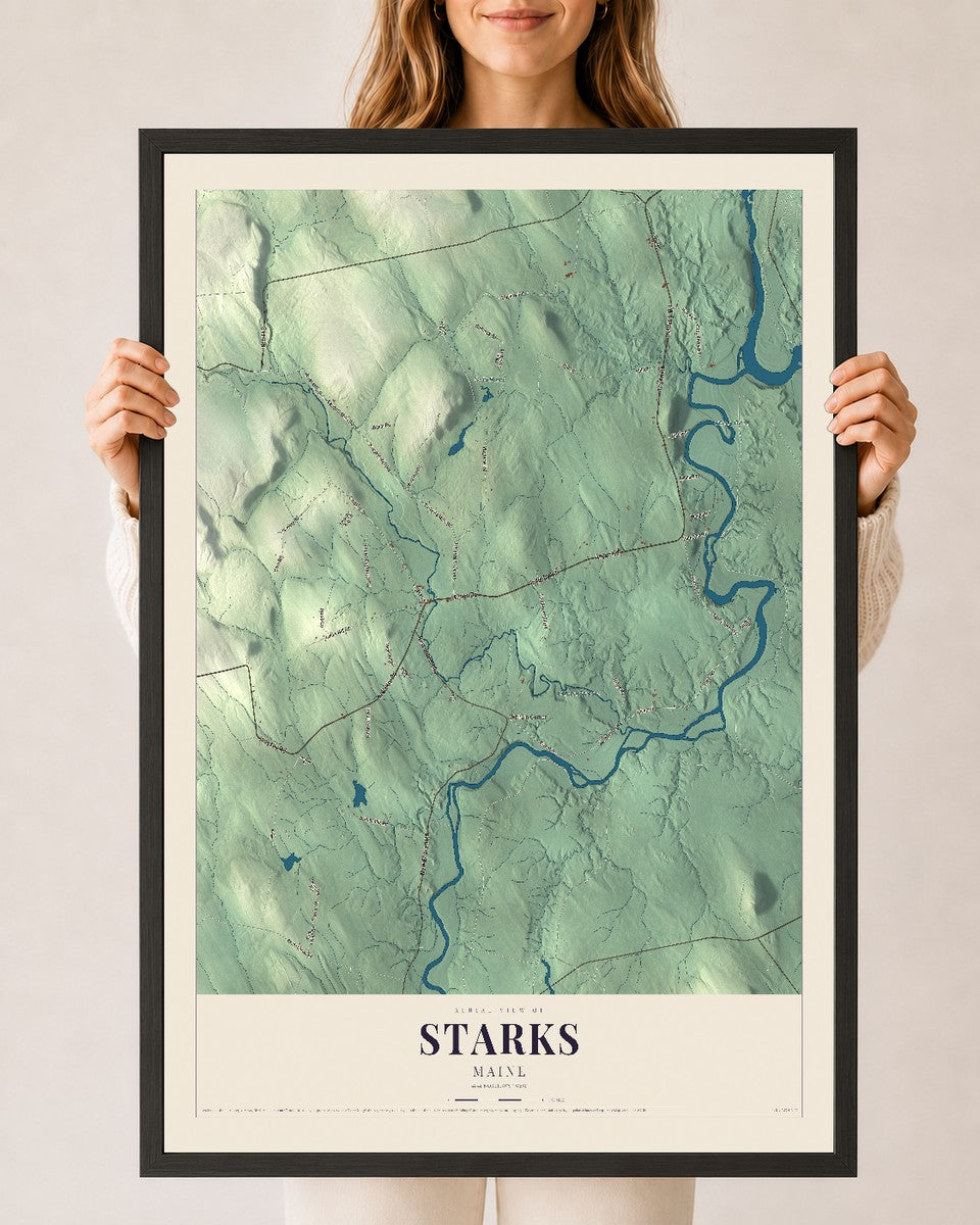Starks, Maine map print - 24 x 36 black Ayous wood frame