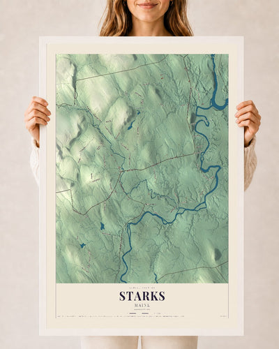 Starks, Maine map print - 24 x 36 white Ayous wood frame