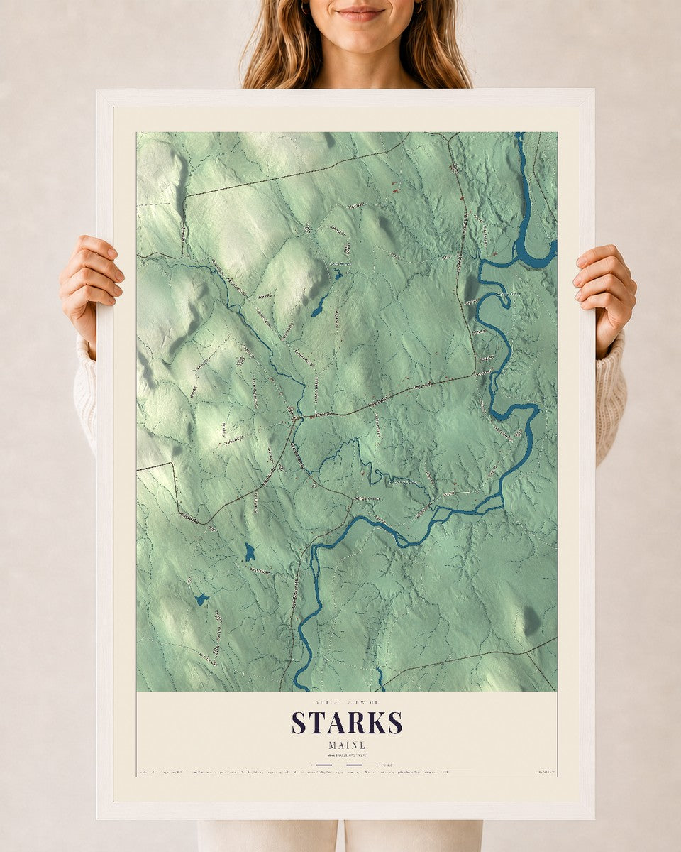 Starks, Maine map print - 24 x 36 white Ayous wood frame