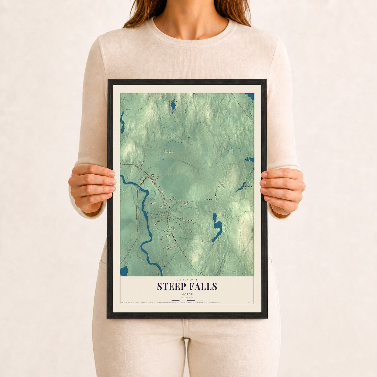 Steep Falls, Maine map print - 12 x 18 black Ayous wood frame