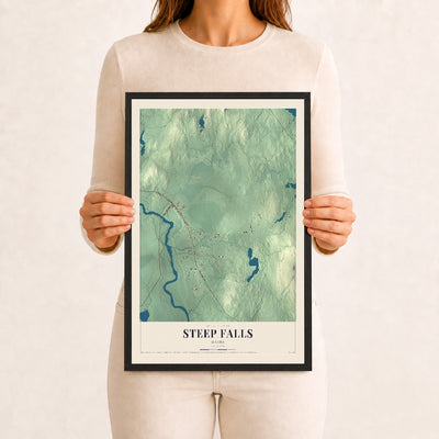 Steep Falls, Maine map print - 12 x 18 black Ayous wood frame