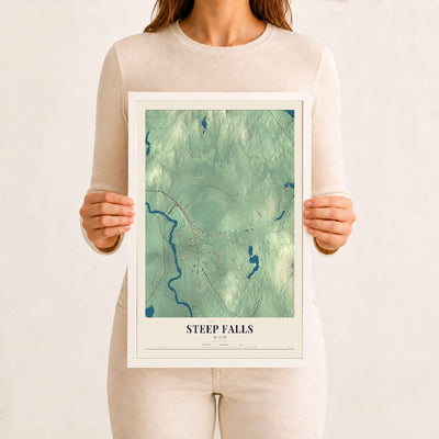 Steep Falls, Maine map print - 12 x 18 white Ayous wood frame