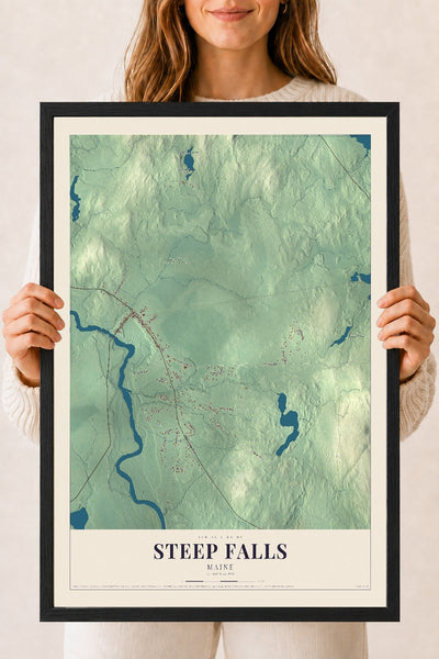 Steep Falls, Maine map print - 18 x 24 black Ayous wood frame