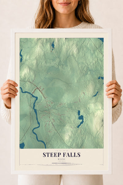 Steep Falls, Maine map print - 18 x 24 white Ayous wood frame