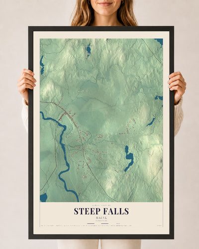 Steep Falls, Maine map print - 24 x 36 black Ayous wood frame