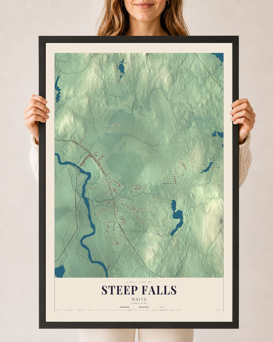 Steep Falls, Maine map print - 24 x 36 black Ayous wood frame