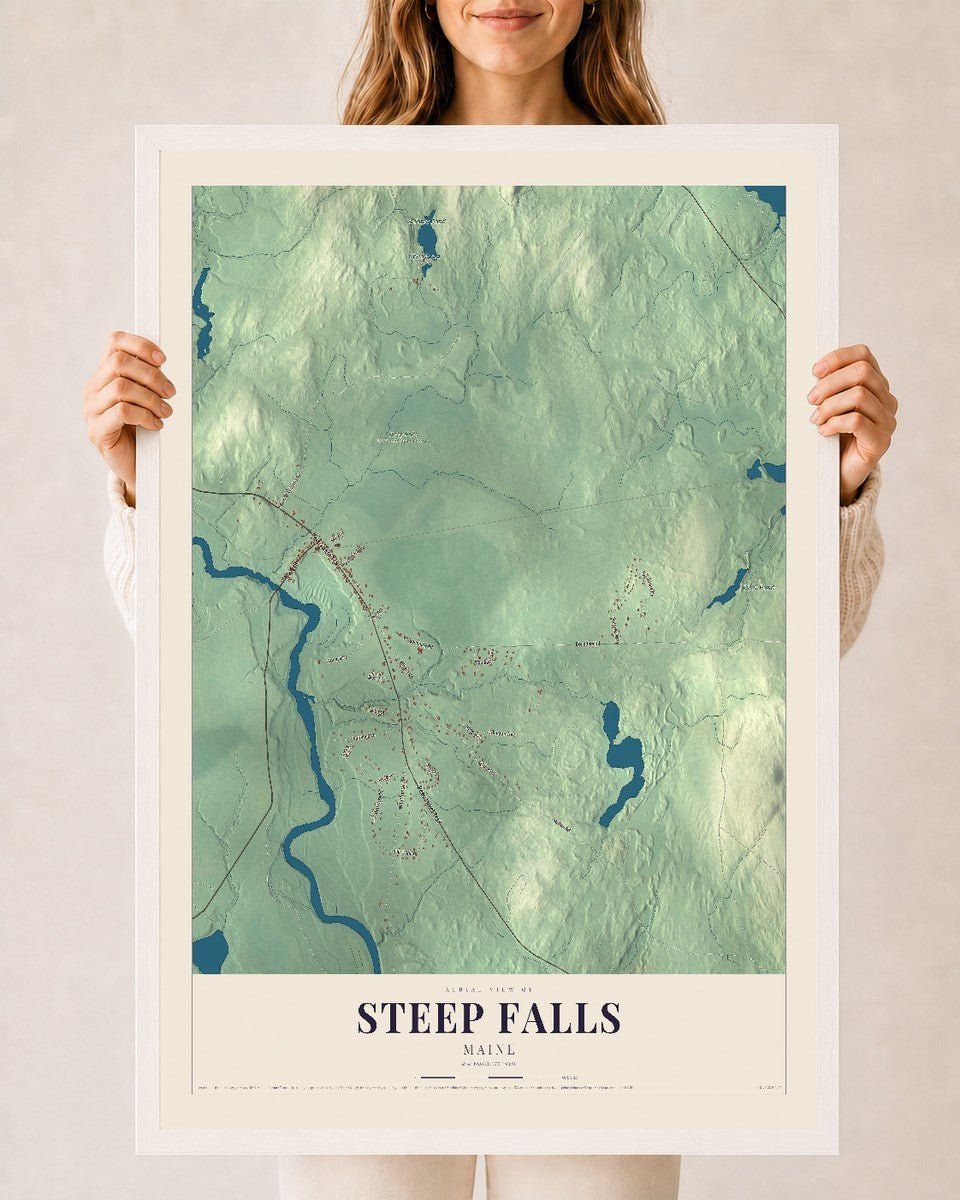 Steep Falls, Maine map print - 24 x 36 white Ayous wood frame