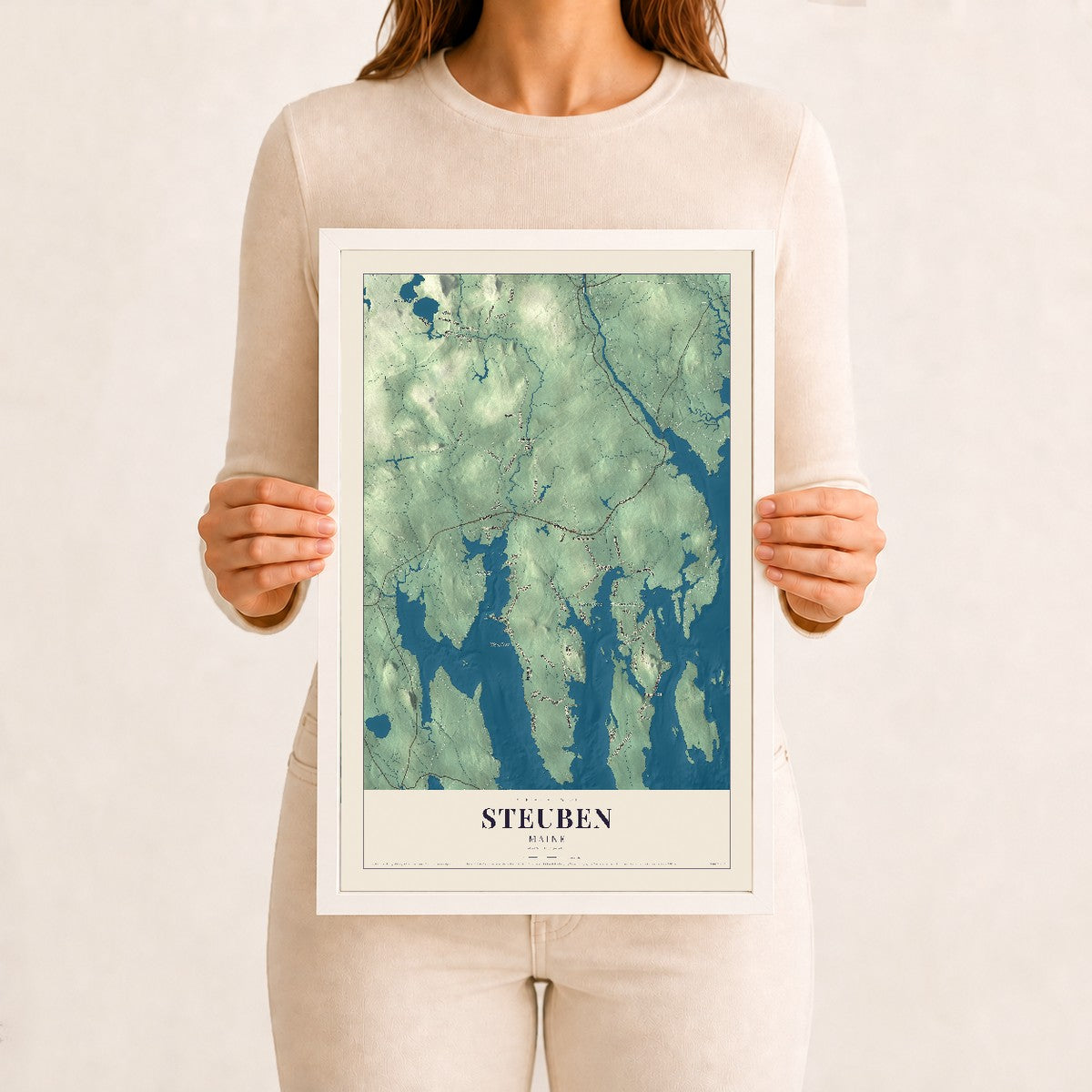 Steuben, Maine map print - 12 x 18 white Ayous wood frame