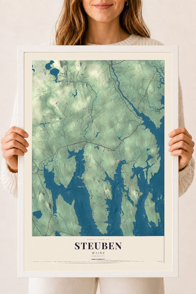 Steuben, Maine map print - 18 x 24 white Ayous wood frame
