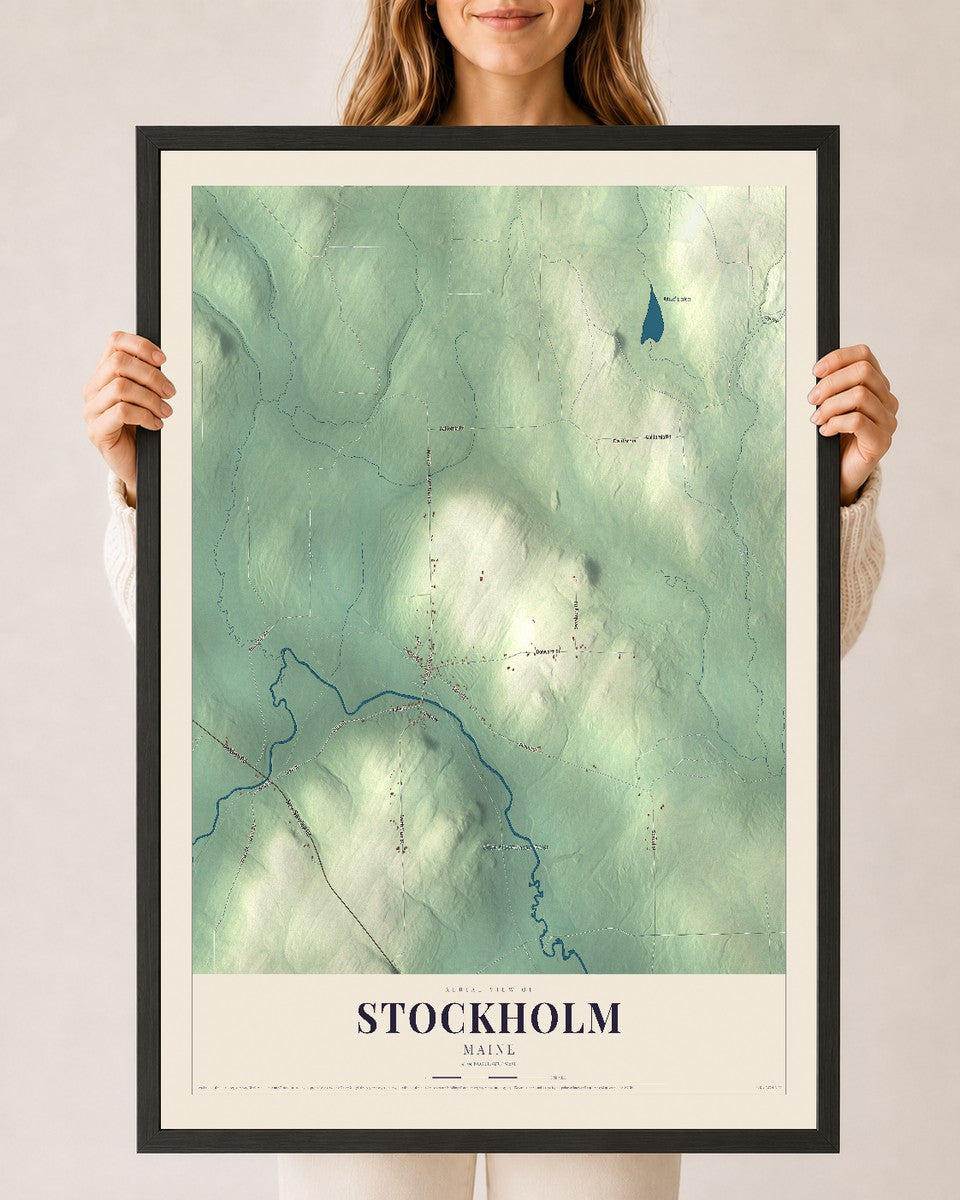 Stockholm, Maine map print - 24 x 36 black Ayous wood frame