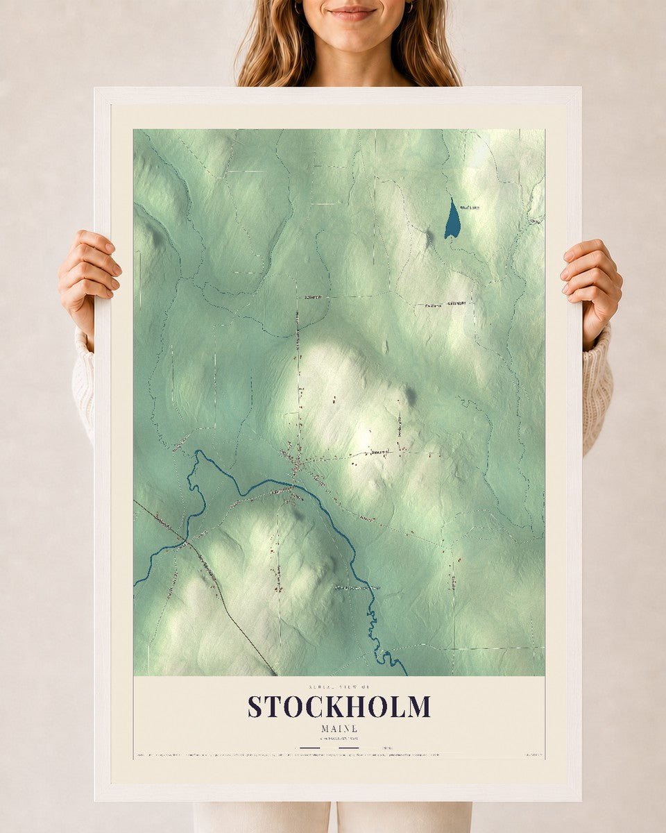 Stockholm, Maine map print - 24 x 36 white Ayous wood frame