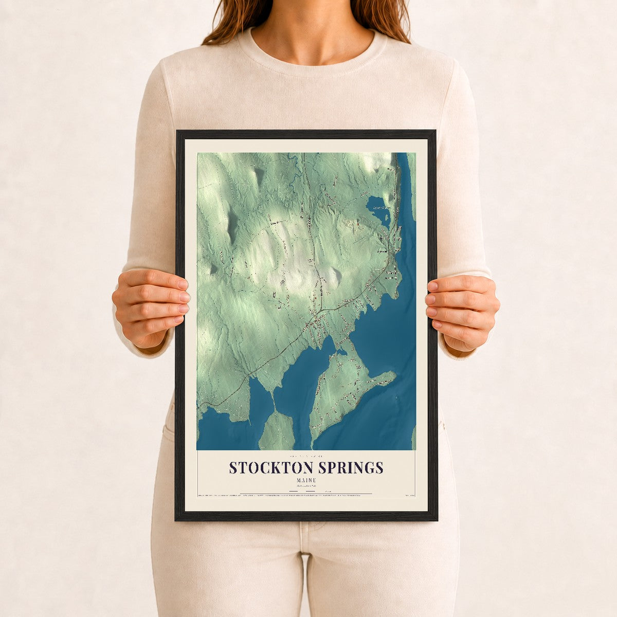 Stockton Springs, Maine map print - 12 x 18 black Ayous wood frame