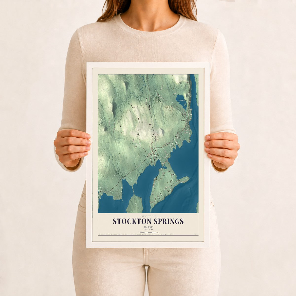 Stockton Springs, Maine map print - 12 x 18 white Ayous wood frame