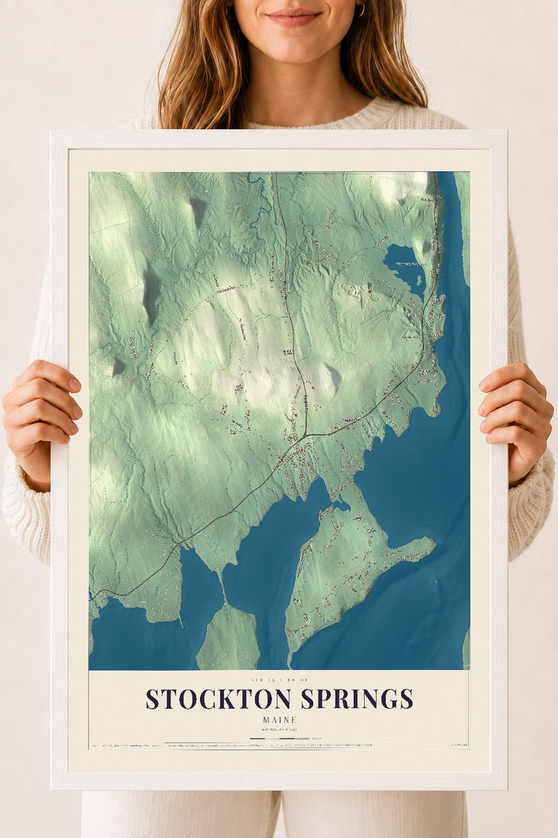 Stockton Springs, Maine map print - 18 x 24 white Ayous wood frame