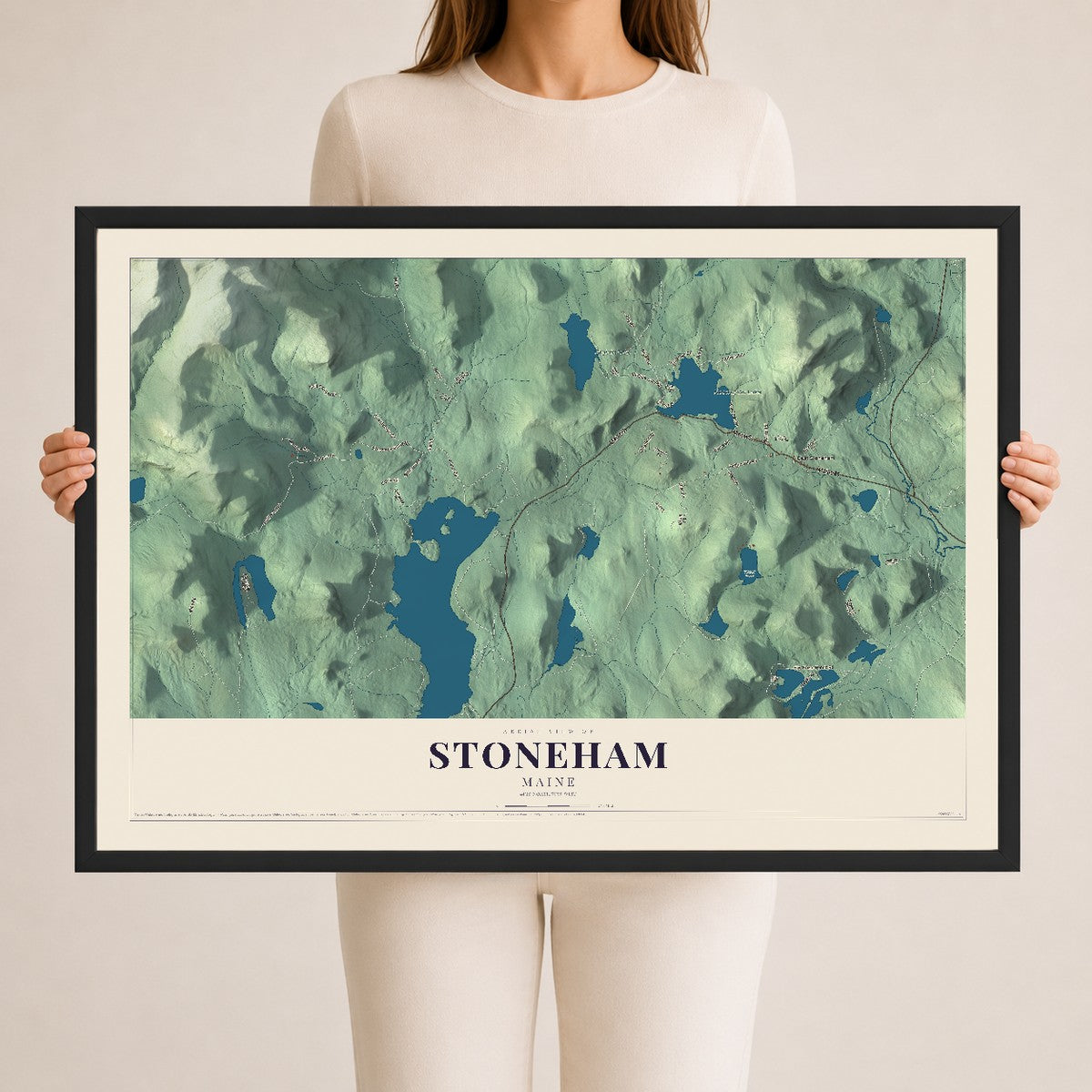 Stoneham, Maine map print - 24 x 36 black Ayous wood frame