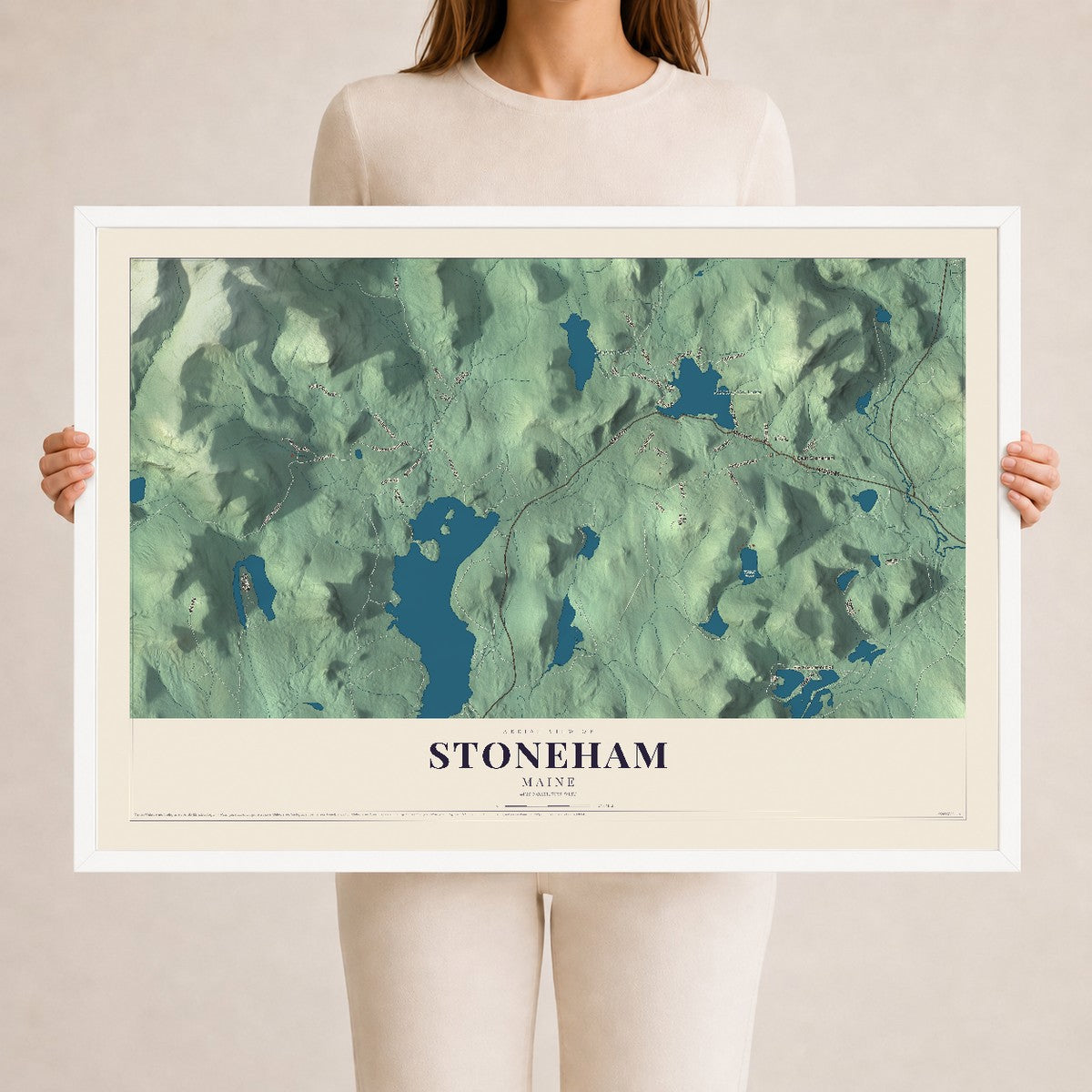 Stoneham, Maine map print - 24 x 36 white Ayous wood frame