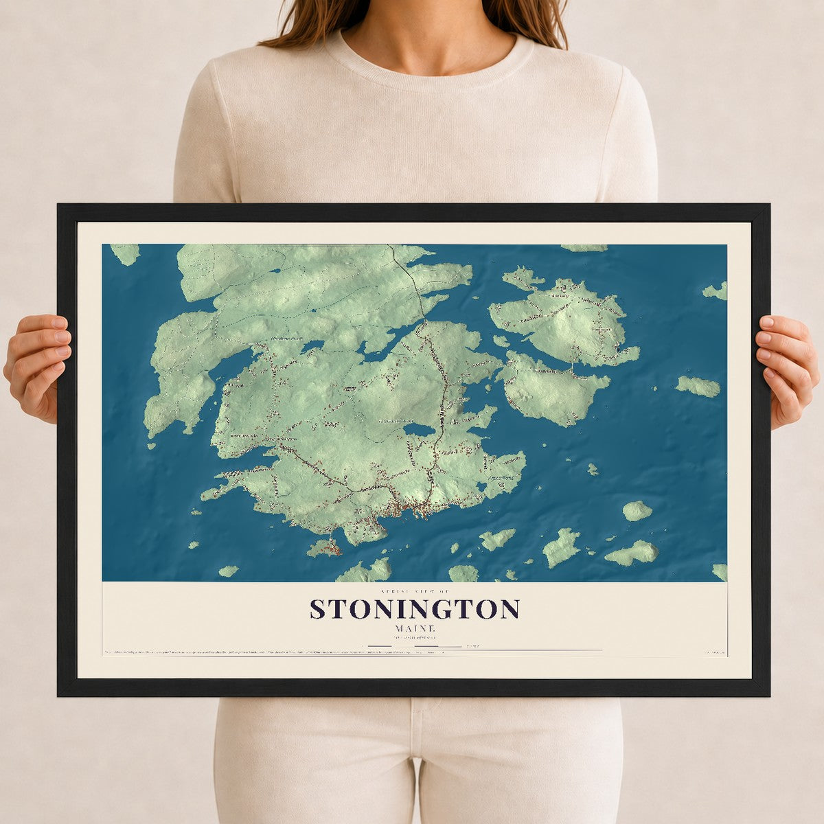 Stonington, Maine map print - 12 x 18 black Ayous wood frame