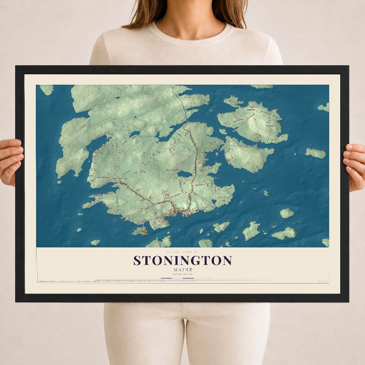 Stonington, Maine map print - 18 x 24 black Ayous wood frame