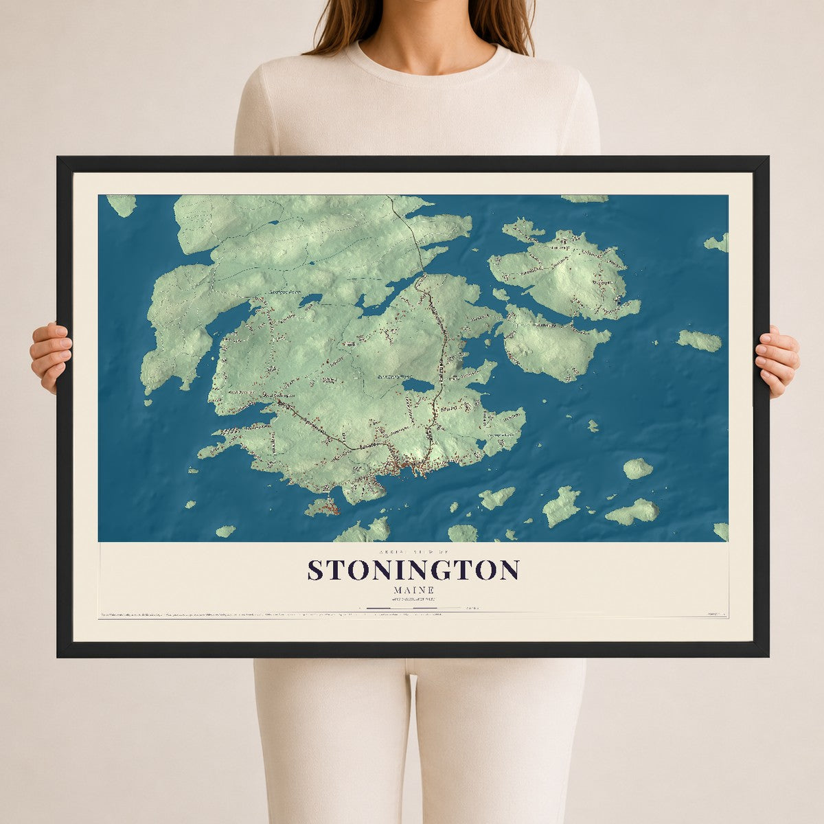 Stonington, Maine map print - 24 x 36 black Ayous wood frame