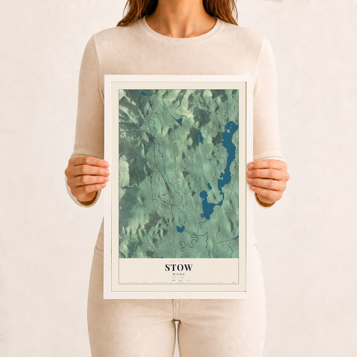 Stow, Maine map print - 12 x 18 white Ayous wood frame