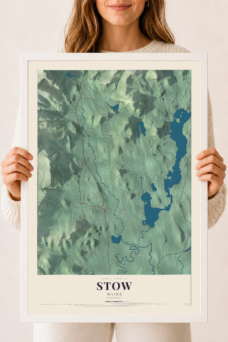 Stow, Maine map print - 18 x 24 white Ayous wood frame