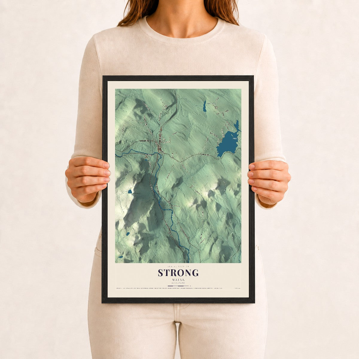 Strong, Maine map print - 12 x 18 black Ayous wood frame