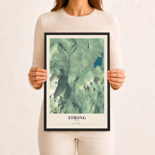 Map of Strong, Maine, 12 x 18 inch print in a black wood frame