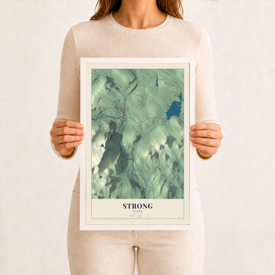 Strong, Maine map print - 12 x 18 white Ayous wood frame