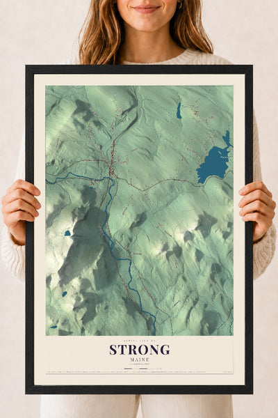 Strong, Maine map print - 18 x 24 black Ayous wood frame