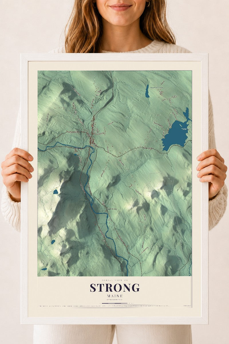 Strong, Maine map print - 18 x 24 white Ayous wood frame