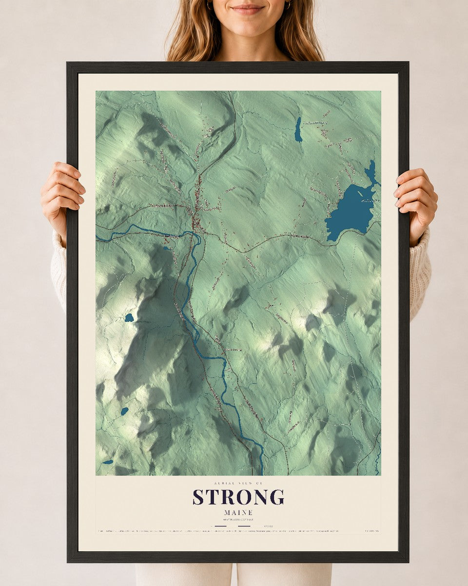 Strong, Maine map print - 24 x 36 black Ayous wood frame