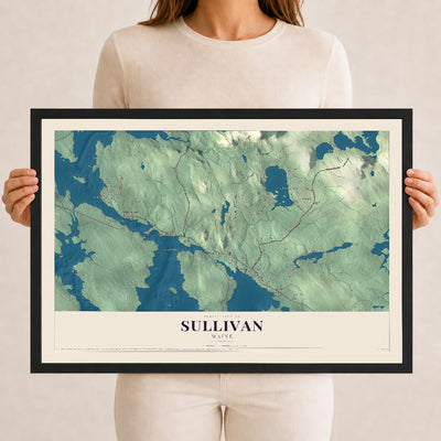 Sullivan, Maine map print - 12 x 18 black Ayous wood frame