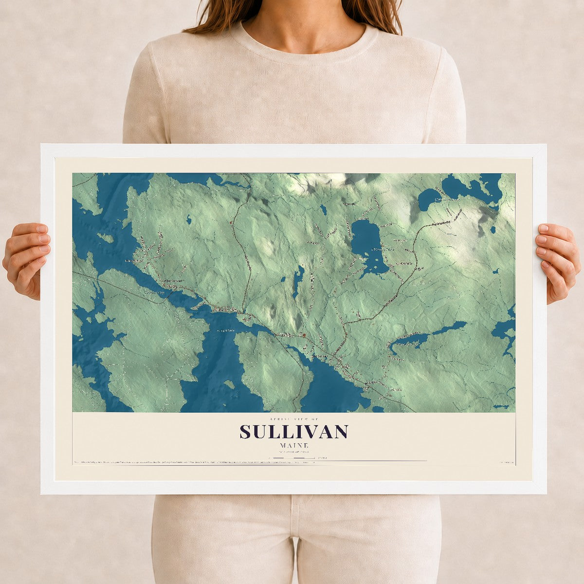 Sullivan, Maine map print - 12 x 18 white Ayous wood frame