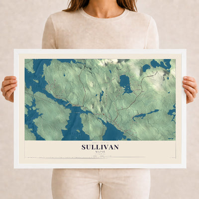Sullivan, Maine map print - 12 x 18 white Ayous wood frame