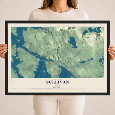 Sullivan, Maine map print - 18 x 24 black Ayous wood frame