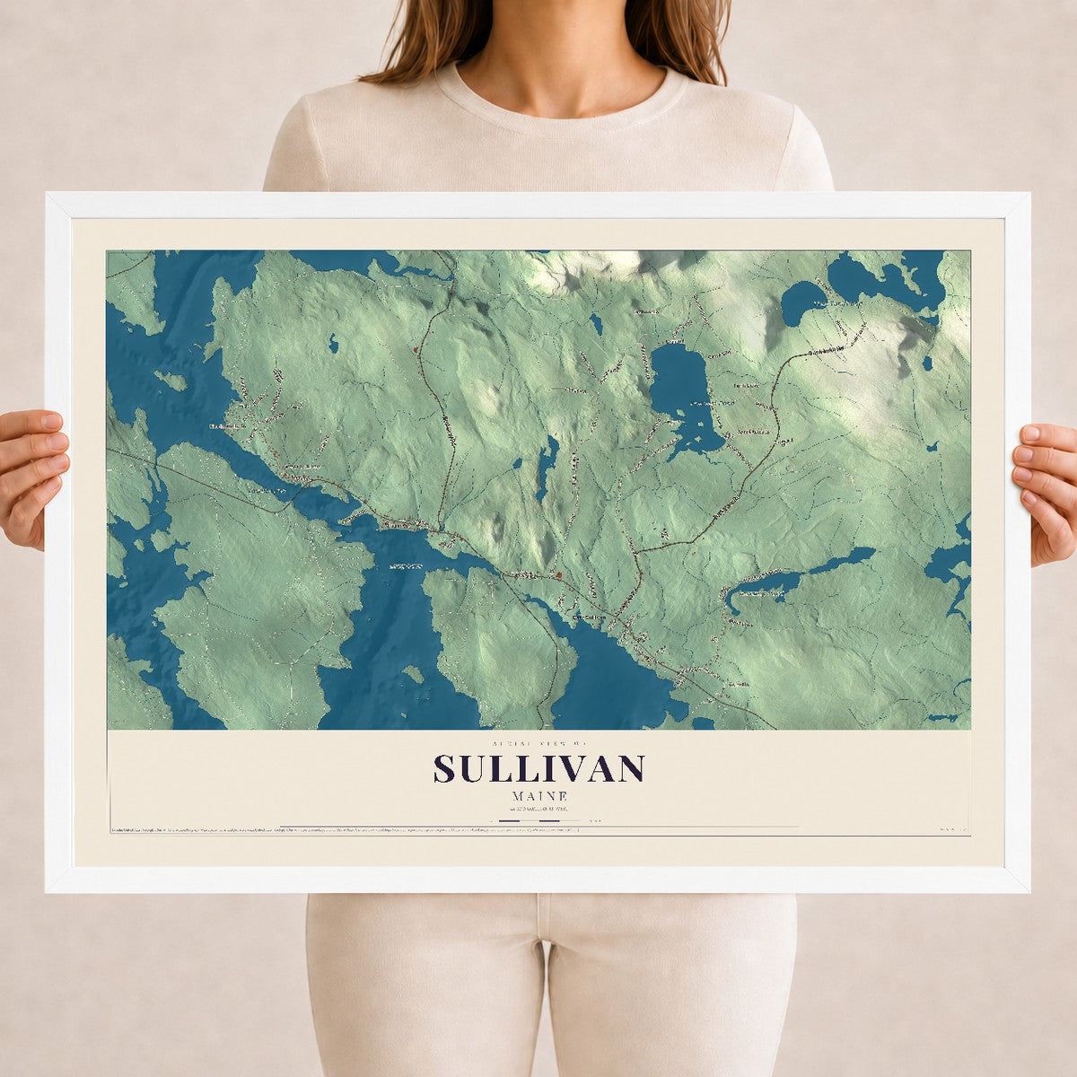 Sullivan, Maine map print - 18 x 24 white Ayous wood frame
