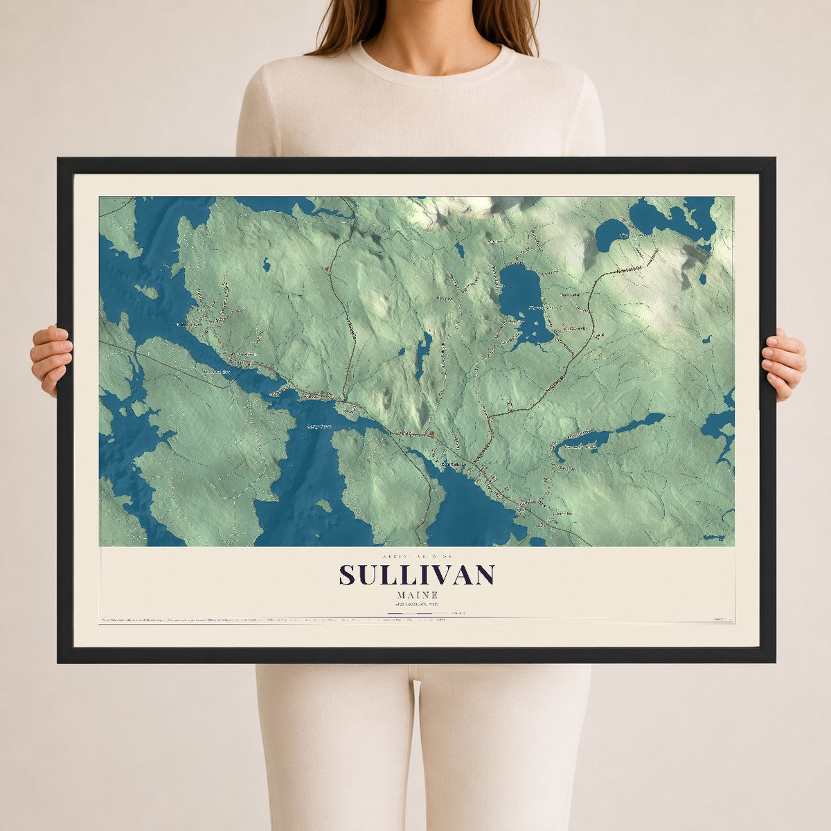 Sullivan, Maine map print - 24 x 36 black Ayous wood frame