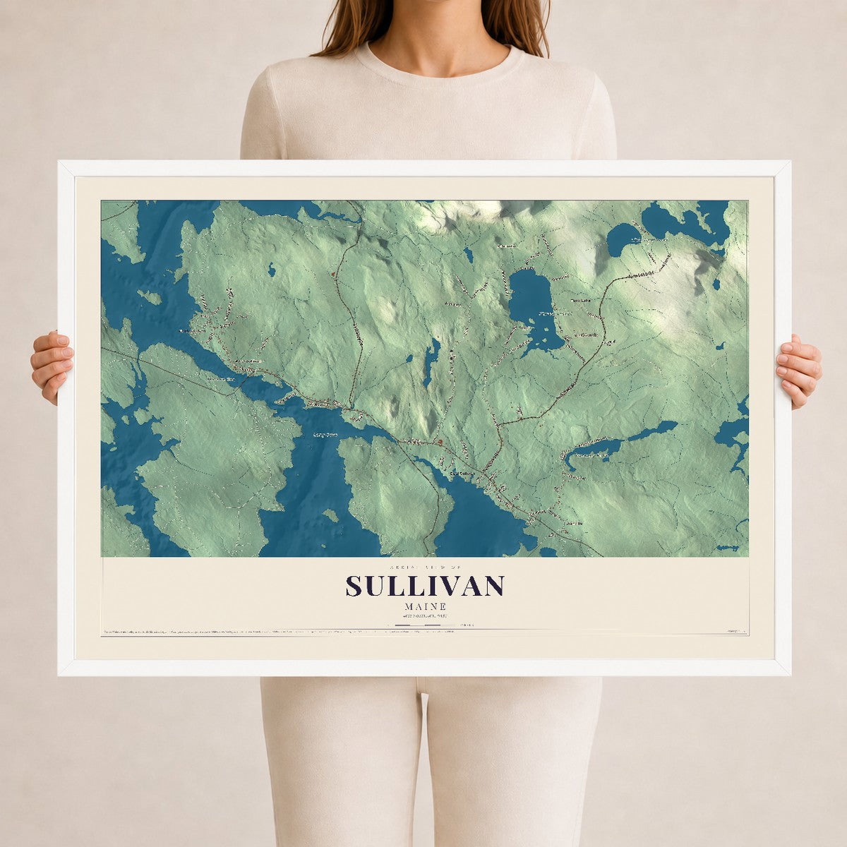 Sullivan, Maine map print - 24 x 36 white Ayous wood frame