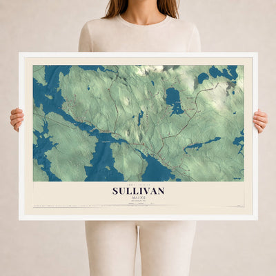 Sullivan, Maine map print - 24 x 36 white Ayous wood frame